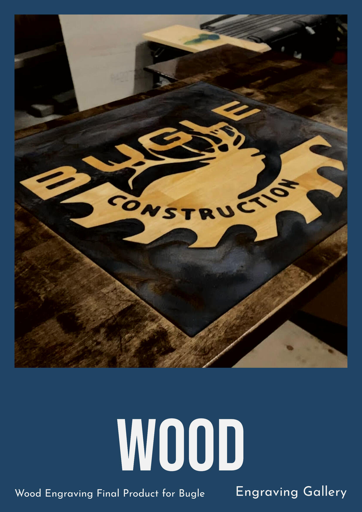 Wood Engraving Final Product for Bugle Construction. With Stain, Epoxy Coat, and Color.