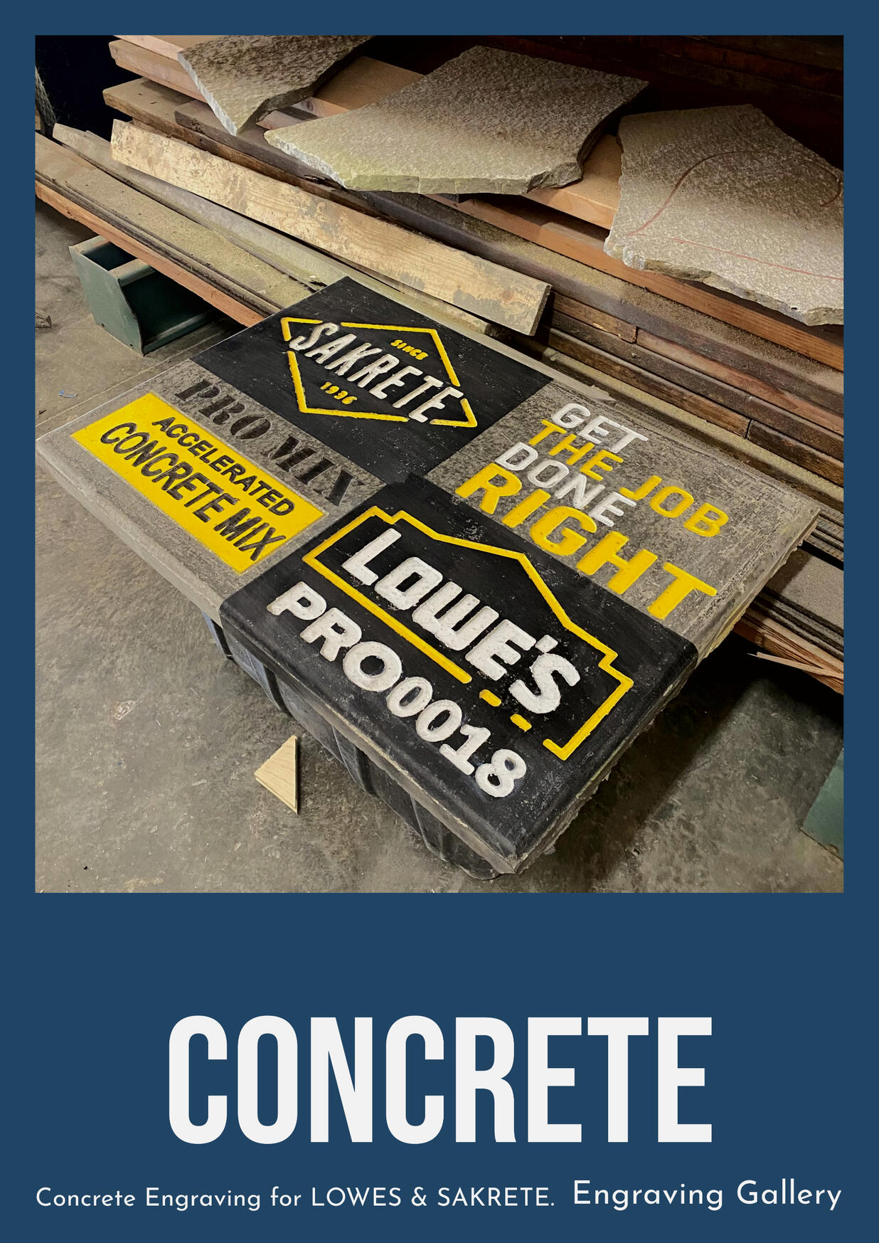 Concrete Engraving for Lowes &amp; Sakrete, custom job, with color.